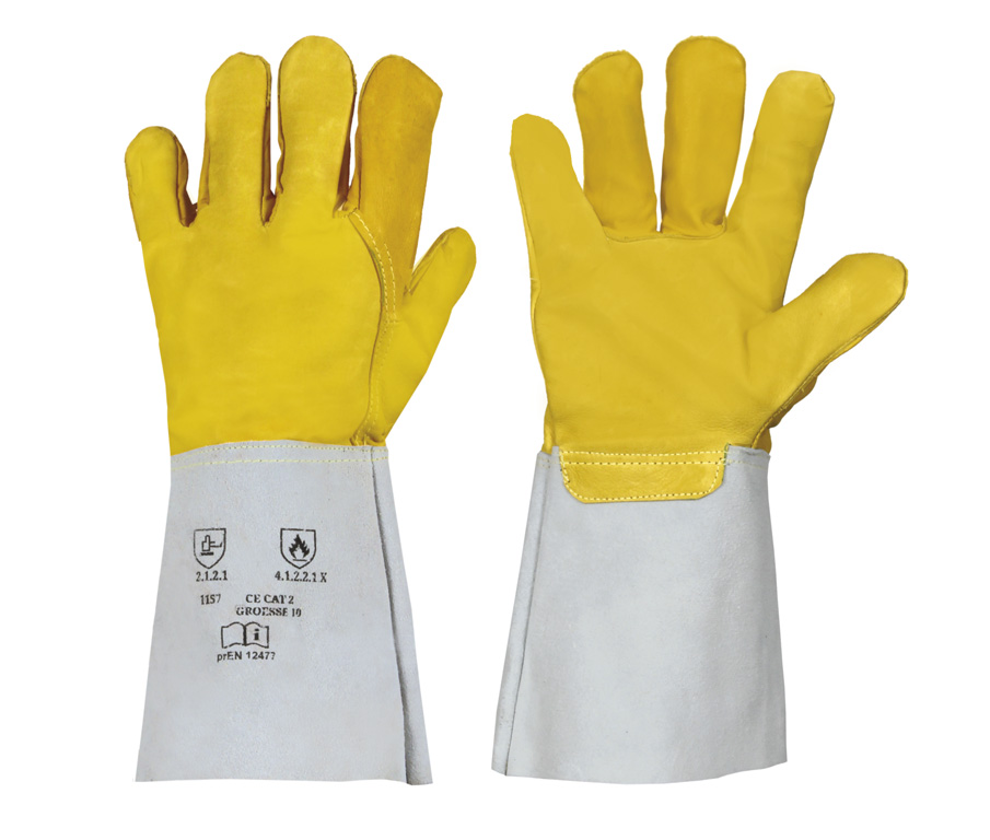 R.L. Nappaleder-Handschuh gelb 35 cm Spaltlederstulpe UVE 10 Paar CE CAT 2