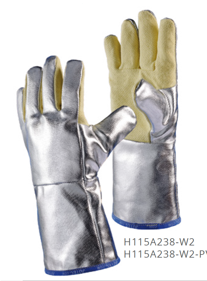 JUTEC® 5-Fingerhandschuh aus Glasgewebe mit Silkonbeschichtung und Preox-Aramidgewebe | aluminisiert | 38 cm